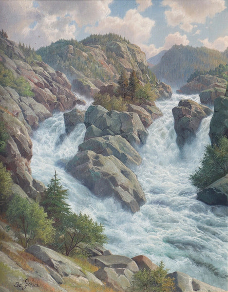 Framed Antique Oil/Canvas Painting of a Waterfall/Rapids Gilt Frame Svend Drews