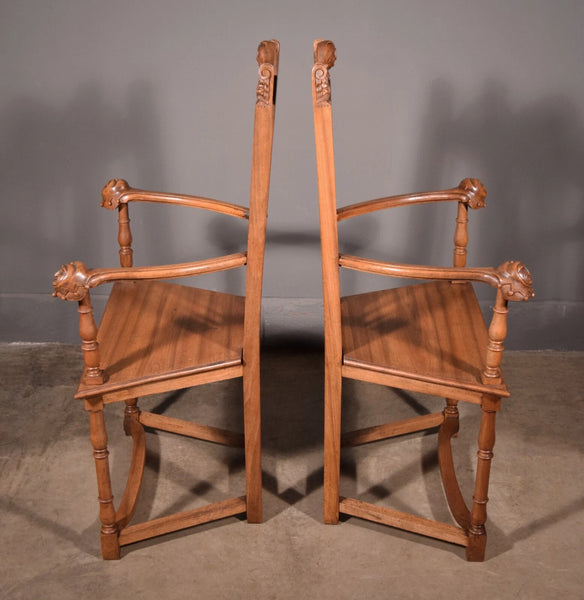Pair of Antique Renaissance Revival Arm Chairs Solid Walnut Hand Carved Jesters