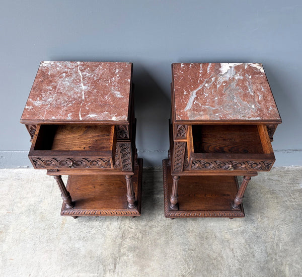 Pair of 34" Tall Antique French Breton Nightstands with Marble Tops in Chestnut