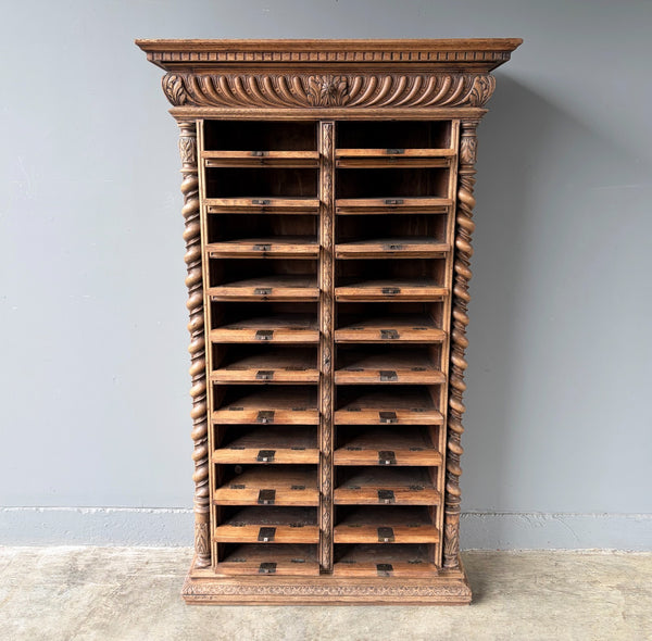 77" Tall Antique French Apothecary Cabinet Solid Oak Carved with Compartments