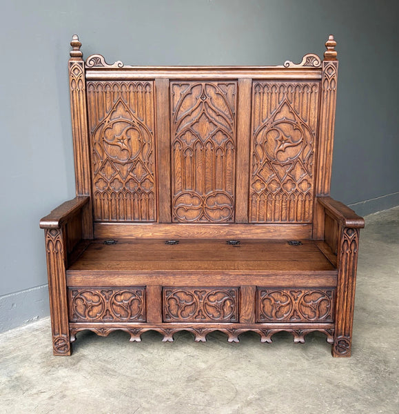 Vintage French Gothic Revival Oak Wood Bench/Settee/Chair Highly Carved