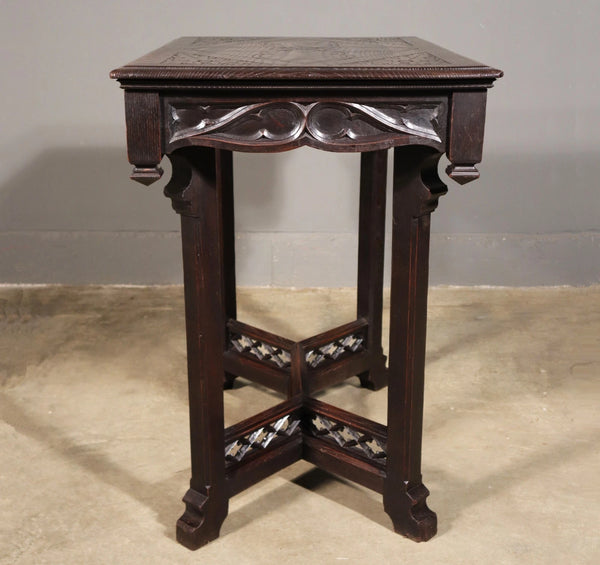 Antique French Gothic Revival Table in Solid Chestnut Wood With Carvings