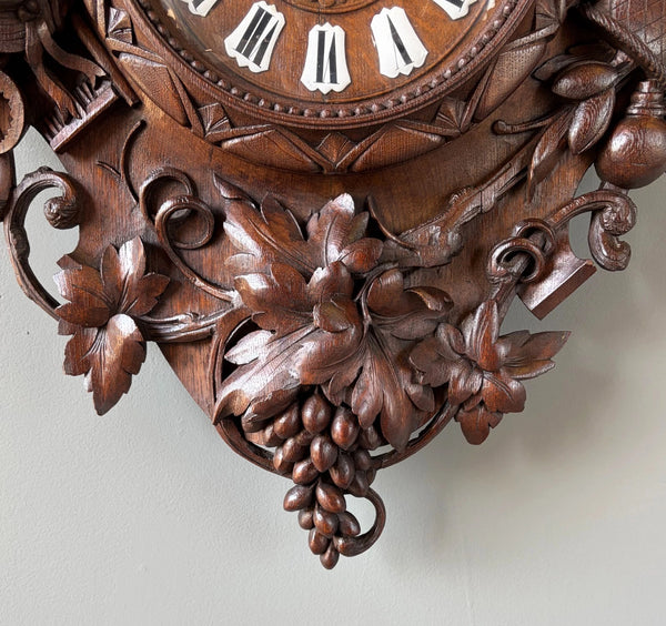XL Antique French Renaissance Solid Oak Wood Highly Carved Clock Harvest Theme