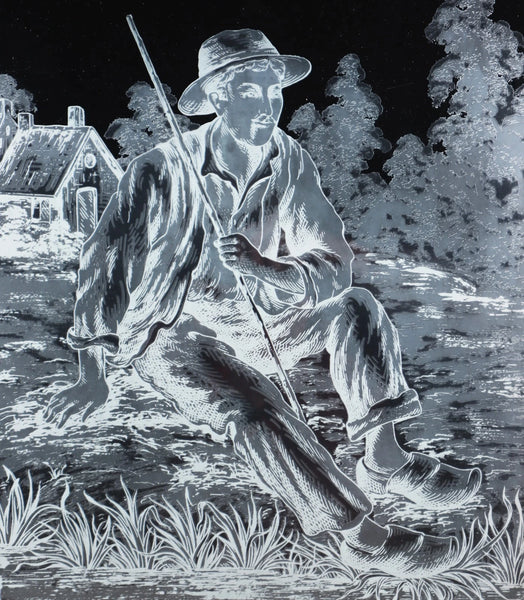37" Tall Antique French Etched Glass Window with Rural Scene Man by the Water