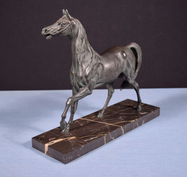 12" Tall Antique French Spelter Life Like Horse Statue with Black Marble Base