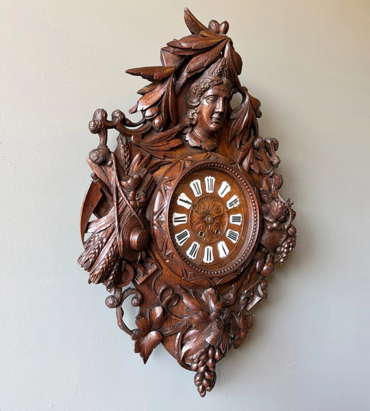 XL Antique French Renaissance Solid Oak Wood Highly Carved Clock Harvest Theme