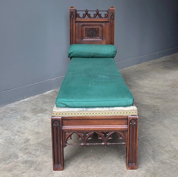 74" Long French Antique Neo Gothic Day Bed Solid Walnut with Green Silk Cushions