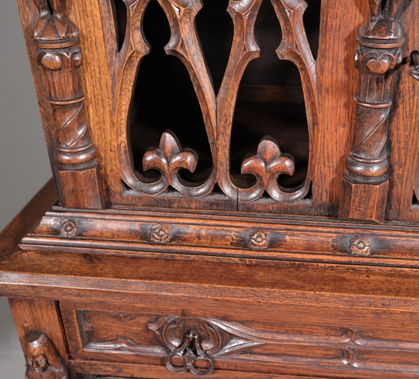 70" Tall Antique French Gothic Revival Oak Wood Cabinet/Liquor/Wine/Bar Cabinet