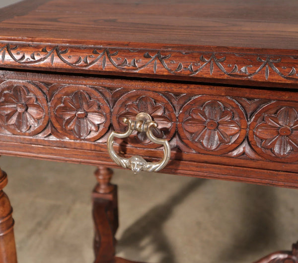 Antique French Breton Desk/Library Table in Solid Chestnut Wood with Carvings