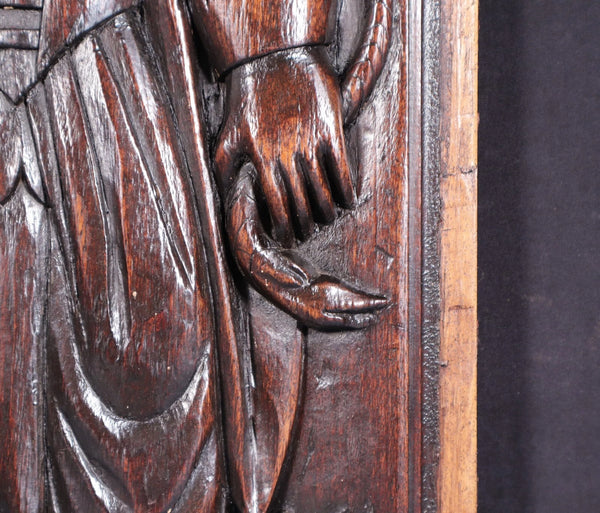 26" Antique French Solid Walnut Wood Panel Highly Carved, Woman with a Mirror