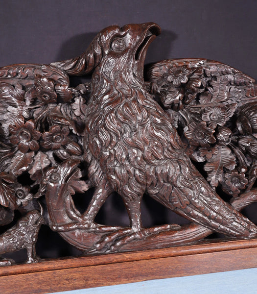 62" Wide XL Antique French Solid Oak Wood Highly Carved Crest with Bird
