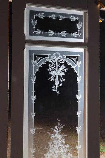 87" Tall Pair of Antique French Etched Glass Windows Frosted Glass with Flowers