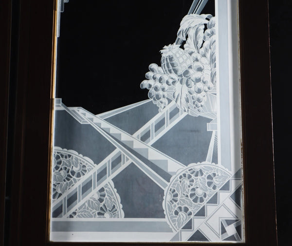 Pair of Antique French Art Deco Etched Glass Doors Frosted Glass w/Pine Frames