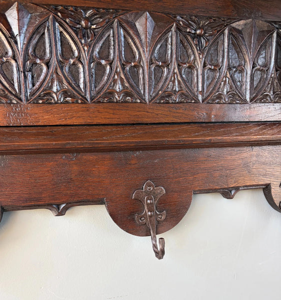 52" Antique Gothic French Solid Oak Coat Rack Hall Tree Wood Shelf w/Iron Hooks