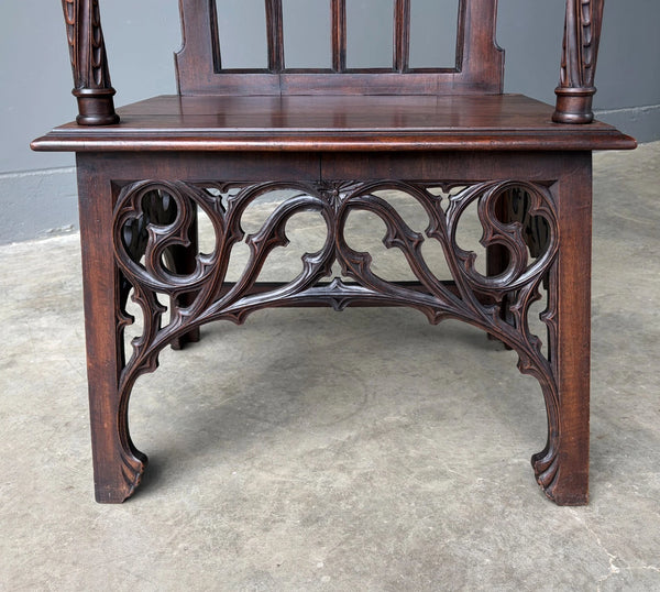 French Antique Gothic Revival Walnut Arm Chair Carved Wood Desk Chair