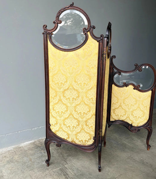 61" Tall Antique French Louis XV Rococo Tri-Fold Screen with Beveled Glass