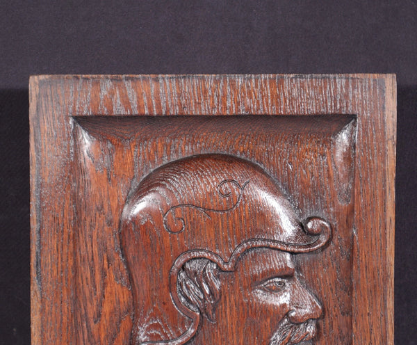 12" Tall Antique French Solid Oak Wood Hand Carved Portrait Profile of a Man