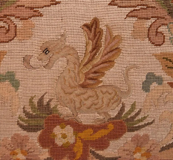 French Antique Fireplace Screen with Needlepoint Griffin/Carved Walnut Frame