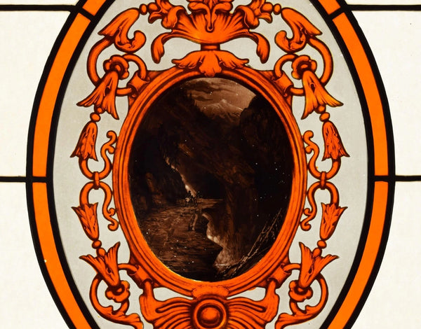 Brass Framed Antique French Stained Glass Panel with Mountain Pass Scene