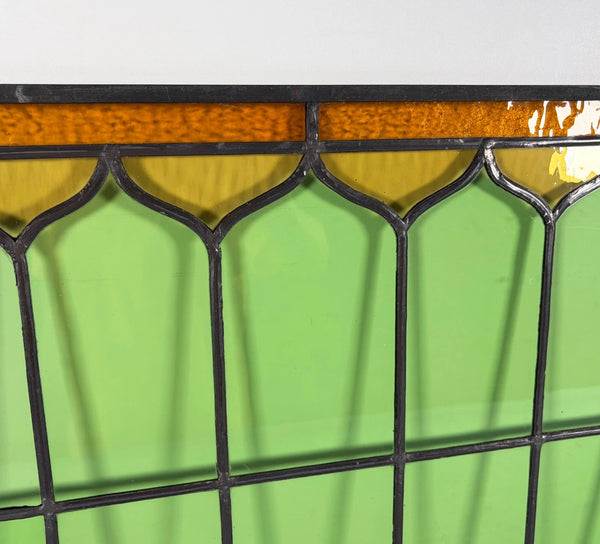 39" Wide Antique French Stained Glass Window Panel with Green & Yellow Glass