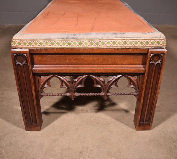 74" Long French Antique Neo Gothic Day Bed Solid Walnut with Green Silk Cushions