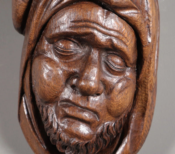 11" Tall Large Vintage Decorative Highly Carved Face/Head in Solid Oak Wood