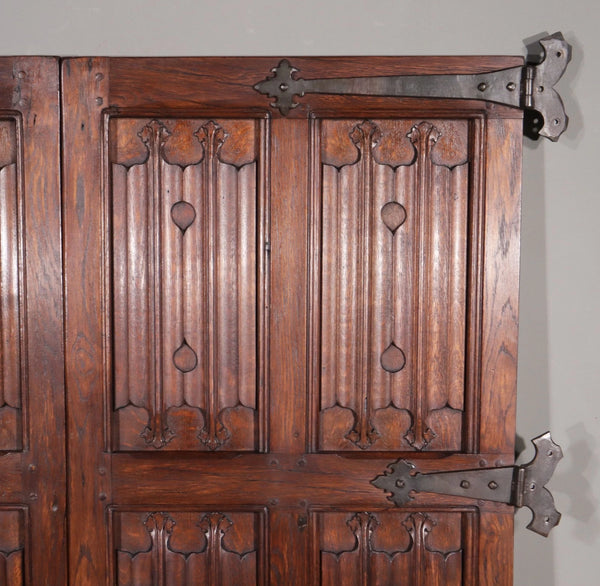 Pair of French Antique Neo Gothic Cabinet Doors in Oak Wood Linen Fold Carvings