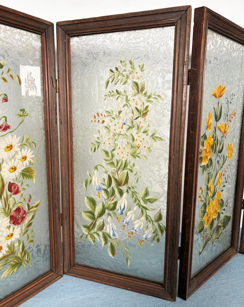 21" Tall Antique French Hand Painted Folding Glass Screen with Flowers