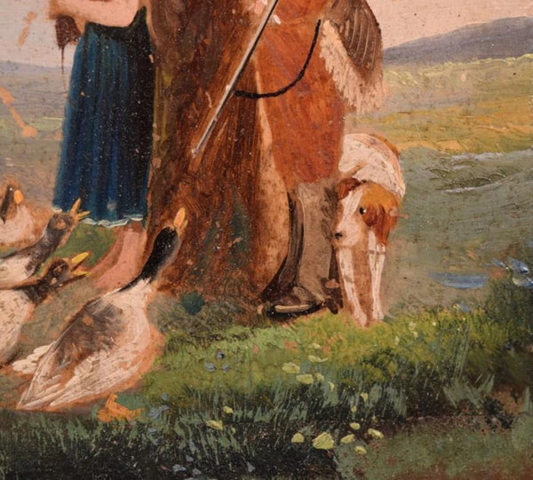 9" Tall Antique Framed Oil on Panel Painting of a Couple Feeding the Geese