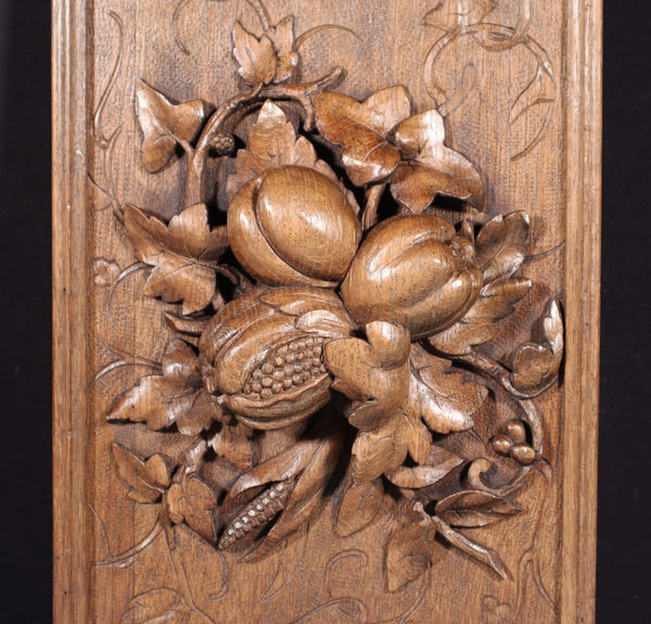 14" Tall French Antique Solid Oak Panel Highly Carved Harvest Theme