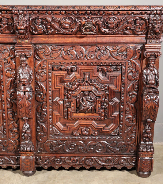 1700's Antique French Renaissance Sideboard in Solid Wood Oak Highly Carved