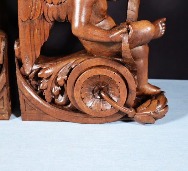 13" Tall Pair of French Antique Solid Walnut Wood Highly Carved Cherubs