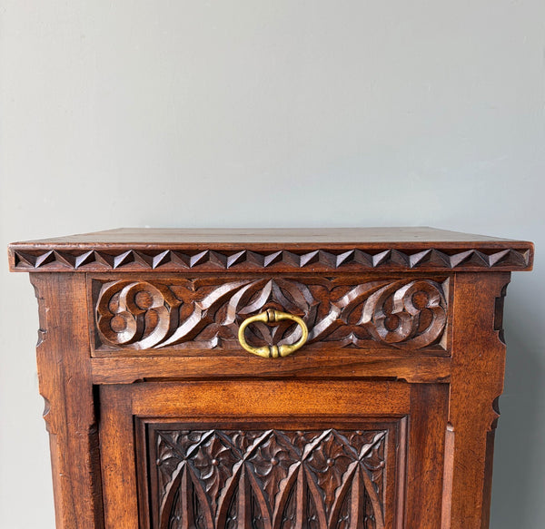 Antique French Gothic Solid Walnut Night Stand/Cabinet With Detailed Carvings