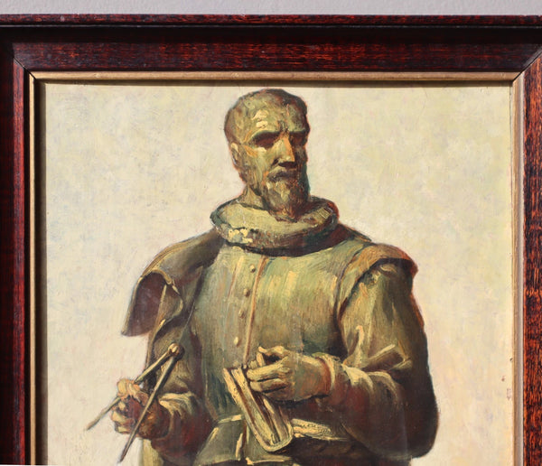 Antique Framed Oil on Panel Painting/Study of Statue of Simon Stevin in Brugge