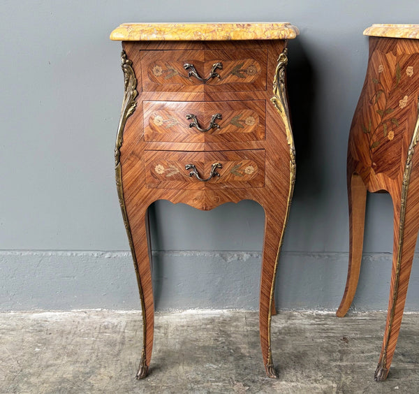 Pair of 30" Tall Antique French Louis XV Inlayed Nightstands with Marble Tops