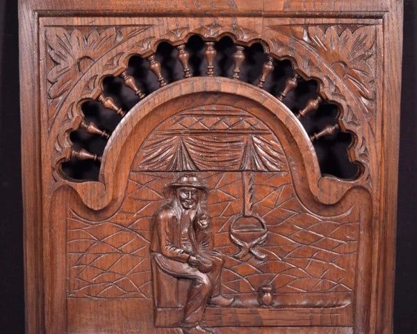 Antique French Breton Panel Brittany in Solid Chestnut Wood with a Man