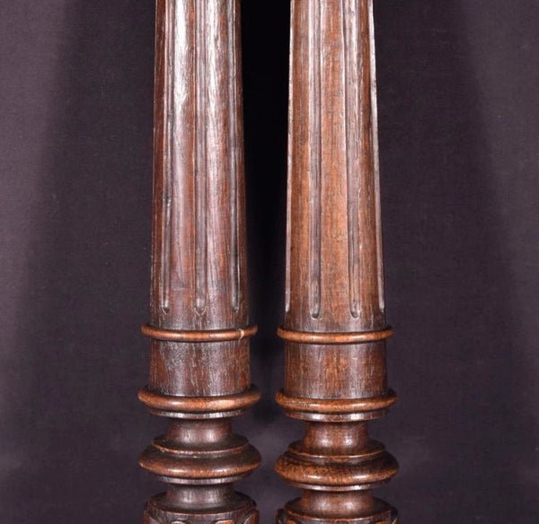 21" Pair of French Antique Solid Oak Posts/Pillars/Columns/Balusters Salvage