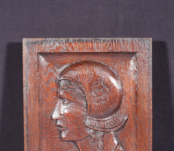 12" Tall Antique French Solid Oak Wood Hand Carved Portrait Profile of a Woman