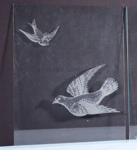 18" Tall Pair of Antique French Etched Glass Windows Frosted Glass with Birds