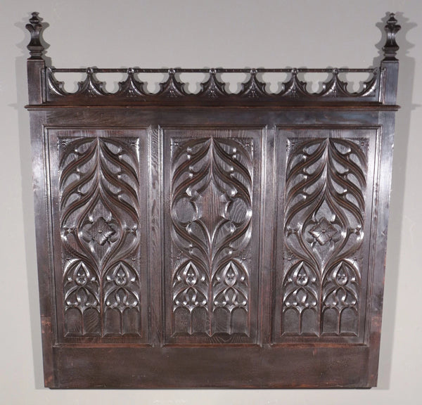 Antique French Neo Gothic Queen Sized Headboard in Solid Chestnut Wood