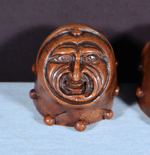 Pair of 3" Tall French Antique Highly Carved Jester Heads in Solid Walnut Wood