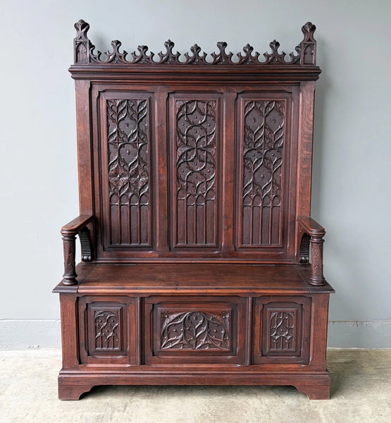 72" Tall Antique French Gothic Revival Oak Wood Bench/Settee/Chair Highly Carved