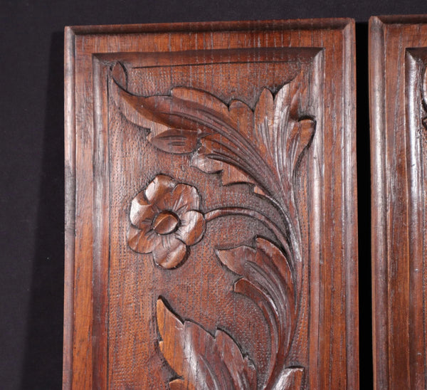 Pair of Antique French Solid Chestnut Wood Highly Carved Panels with Flowers