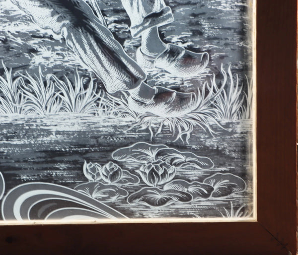 37" Tall Antique French Etched Glass Window with Rural Scene Man by the Water