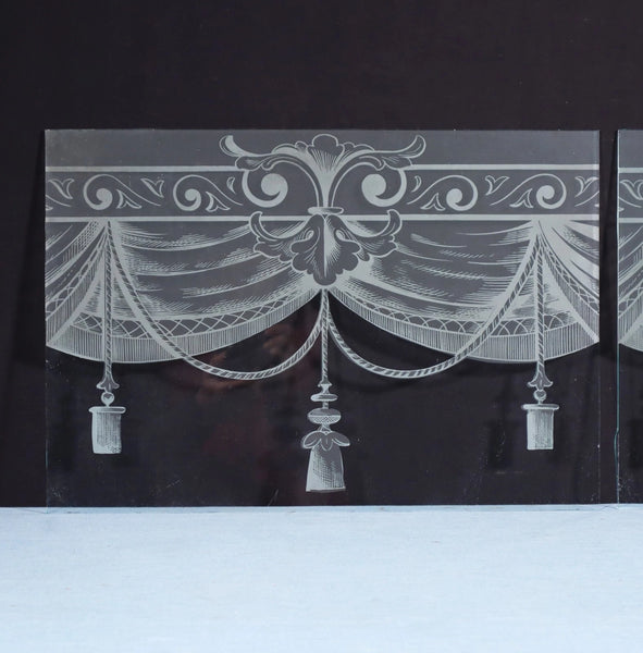 19" Wide Pair of Antique French Etched Glass Windows With Curtains and Tassels