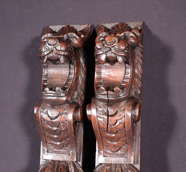 26" Pair of French Antique Solid Oak Wood Highly Carved Wood Lion Trim Posts
