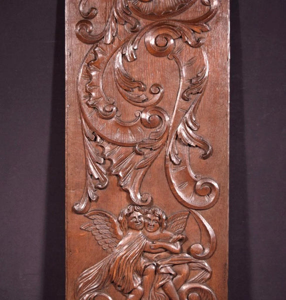 49" Tall French Antique Deep Carved Louis XV Panel Solid Oak Wood with Cherubs