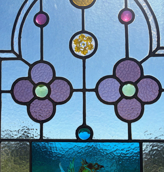 38" Tall Antique French Stained/Leaded Glass Panel w/Griffin and Uranium Glass
