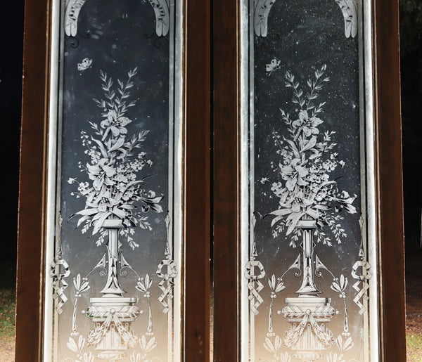 88" Tall Pair of Antique French Etched Glass Windows Frosted Glass with Flowers