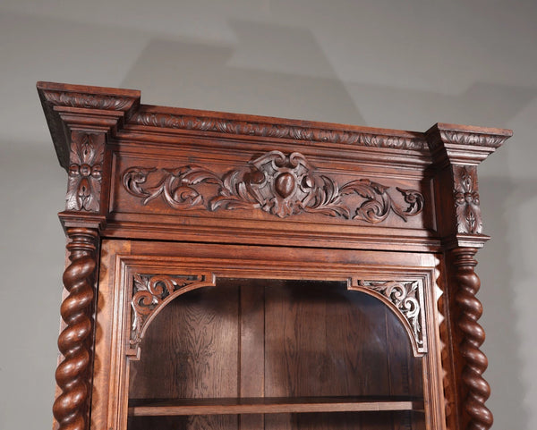 88" Tall French Antique Solid Oak Wood Bookcase/Display Case/Cabinet Carved